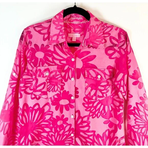 Lilly Pulitzer Womens Shirt Pink Resort Fit Button Up Floral Barbiecore Small - Picture 6 of 9